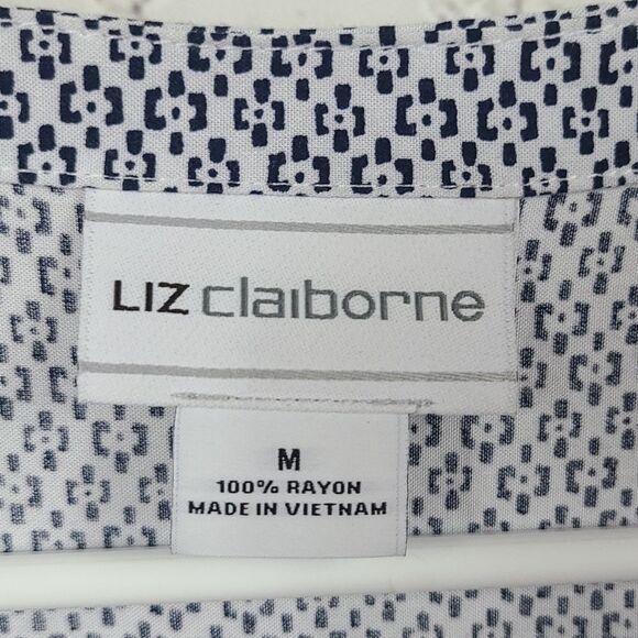 Liz Claiborne Blue Flutter Sleeve Border Print Lace Up Blouse Medium Tunic Top - Picture 5 of 8